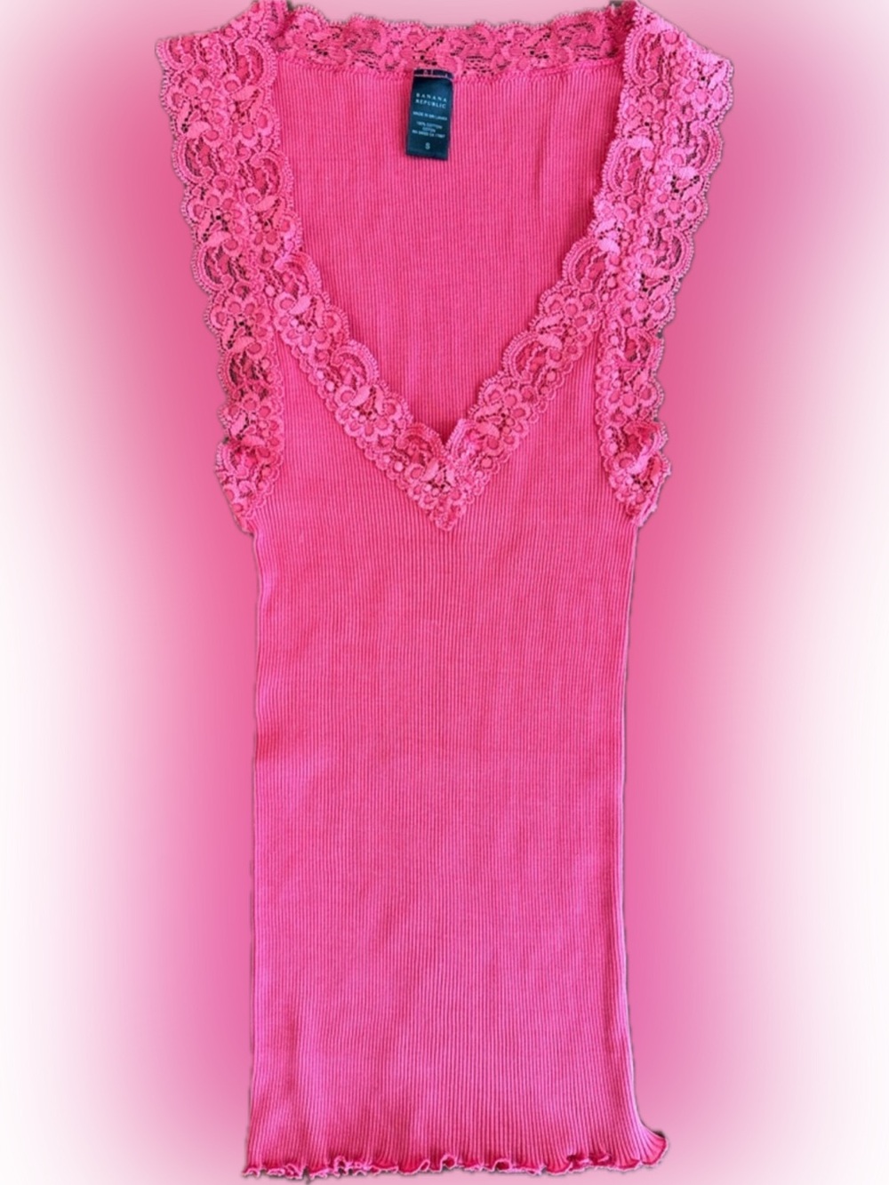 BANANA REPUBLIC CAMISOLE 100% COTTON VNECK LACE TRIM TANK TOP STRETCH Y2K PINK S